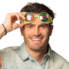 Lunettes party Mirage Or / Lunettes Coachella kaléidoscopes / Lunettes Futuriste sequins Dorée / La Maison du Déguisement