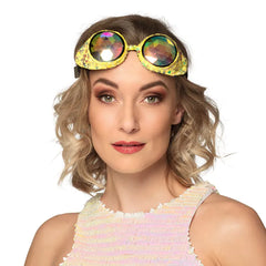 Lunettes party Mirage Or / Lunettes Coachella kaléidoscopes / Lunettes Futuriste sequins Dorée / La Maison du Déguisement