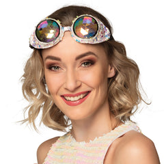 Lunettes party Mirage Argent / Lunettes Coachella kaléidoscopes / Lunettes Futuriste sequins Argent / La Maison du Déguisement