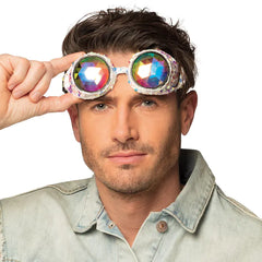 Lunettes party Mirage Argent / Lunettes Coachella kaléidoscopes / Lunettes Futuriste sequins Argent / La Maison du Déguisement