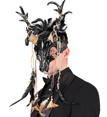 Masque Chaman Crâne de Taureau avec Plumes Noir / Masque Halloween chaman avec cornes et plumes Noir / La Maison Du Déguisement