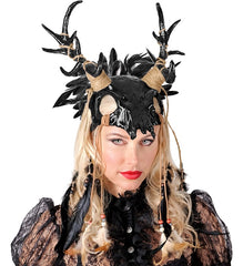 Masque Chaman Crâne de Taureau avec Plumes Noir / Masque Halloween chaman avec cornes et plumes Noir / La Maison Du Déguisement