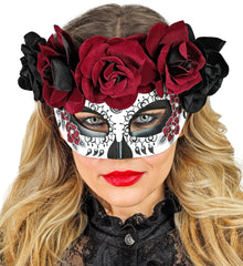 Masque Jour des Morts Squelette Mexicain / Loup Dia De Los Morts Avec Roses Noires et Rouges / Dia De Los Muertos Masque Avec Roses Noires et Bourgognes / La Maison Du Déguisement