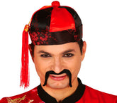 Chapeau Chinois Satiné Rouge Et Noir Avec Tresse / Bonnet Chinois Mandarin Satiné Rouge Et Noir Avec Tresse / La Maison Du Déguisement