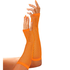 Gants Mitaines En Résille Mi-longs Orange Fluo / Mitaines Longues Filet Orange Fluo / La Maison Du Déguisement
