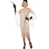 Location Déguisement Charleston Crème Luxe Adulte / Location Costume Robe Longue Gatsby Ecru-Or Femme / La Maison Du Déguisement