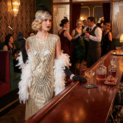 Location Déguisement Charleston Crème Luxe Adulte / Location Costume Robe Longue Gatsby Ecru-Or Femme / La Maison Du Déguisement