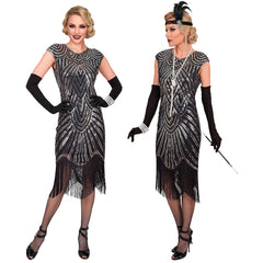 Location Déguisement Charleston Catherine Noir et Argent Luxe Adulte / Location Costume Robe Longue Gatsby Noir et Argent Femme / La Maison Du Déguisement