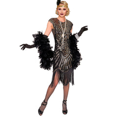 Location Déguisement Charleston Catherine Noir et Or Luxe Adulte / Location Costume Robe Longue Gatsby Noir et Dorée Femme / Location costume Charleston Gatsby Année 20 Rugissant / La Maison Du Déguisement