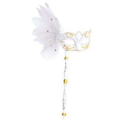 Loup Venise Baroque Face à Main Blanc / Masque Vénitien Blanc Bâtonnet Avec Plumes et Paillettes / La Maison Du Déguisement