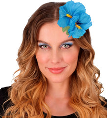 Epingle à Cheveux Hawaïenne avec 2 Hibiscus Bleu / Barrette Fleurs Hibiscus Tropicale Bleu / La Maison Du Déguisement