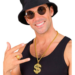 Collier Dollar Doré Avec Strass / Chaîne Bling-Bling Or Avec Strass BM / Collier Hip-Hop Doré BM / La Maison Du Déguisement