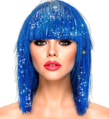 Perruque Glamour Brillante Bleu / Perruque Lamé Disco Bleu / La Maison Du Déguisement