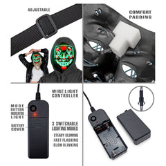 Masque Effrayant Led Vert / Masque Nightmare La Purge lumineux Éclairage LED vert à 3 modes / La Maison Du Déguisement