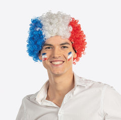 Perruque de Supporter Équipe de France / Perruque Pop Bleu Blanc Rouge Allez les bleus / Perruque Courte Frisée Tricolore / La Maison Du Déguisement