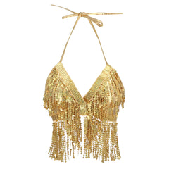 Haut Paillettes Doré à Franges / Top Festival or / Soutien-Gorge Bustier Doré Et Brillant à Franges / La Maison Du Déguisement