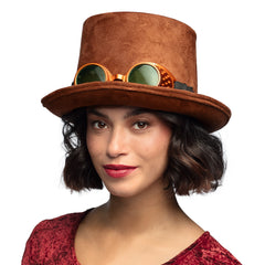 Chapeau Steampunk avec lunettes Marron / Chapeau Haut De Forme Marron avec lunettes / La Maison Du Déguisement