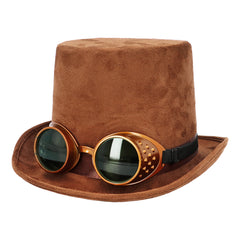Chapeau Steampunk avec lunettes Marron / Chapeau Haut De Forme Marron avec lunettes / La Maison Du Déguisement