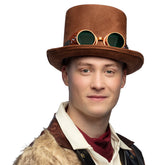 Chapeau Steampunk avec lunettes Marron / Chapeau Haut De Forme Marron avec lunettes / La Maison Du Déguisement