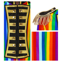 Location Déguisement Manteau Parade Arc-en-ciel / Location Costume Queue de pie Arc-en-ciel / Location Costume Frac Multicolores Luxe / La Maison Du Déguisement
