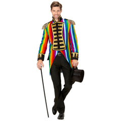 Location Déguisement Manteau Parade Arc-en-ciel / Location Costume Queue de pie Arc-en-ciel / Location Costume Frac Multicolores Luxe / La Maison Du Déguisement