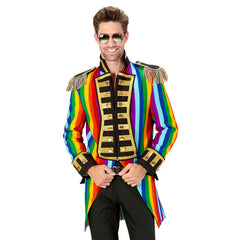 Location Déguisement Manteau Parade Arc-en-ciel / Location Costume Queue de pie Arc-en-ciel / Location Costume Frac Multicolores Luxe / La Maison Du Déguisement