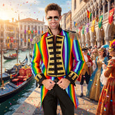 Location Déguisement Manteau Parade Arc-en-ciel / Location Costume Queue de pie Arc-en-ciel / Location Costume Frac Multicolores Luxe / La Maison Du Déguisement