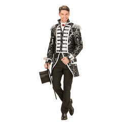 Location Déguisement Manteau Parade Jacquard Argent / Location Costume Queue de pie Marquis Argent / Location Costume Frac Argent Luxe / La Maison Du Déguisement
