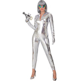 Déguisement Combinaison Disco Argent Femme Luxe / Costume Combinaison Futuriste Moulante Métallisée Argent / La Maison du Déguisement