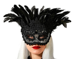 Loup Vénitien Avec Plumes Noir / Masque Venise Plumes Noir / La Maison Du Déguisement