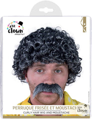 Perruque Courte Frisée Avec Moustache Gris / Perruque Lucien Gris / La Maison du Déguisement