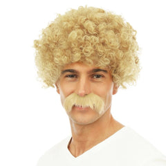 Perruque Courte Frisée Avec Moustache Blond / Perruque Lucien Blond / La Maison du Déguisement