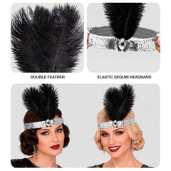 Bandeau Charleston Sequins Argent Avec Plumes Noires / Serre tête charleston Argent Luxe / La Maison du Déguisement