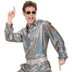 Location Chemise Disco Holographique Argent Adulte / Location Chemise The 70s Disco Style Argent / La Maison du Déguisement
