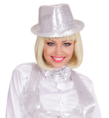 Chapeau Borsalino Sequins Disco Argent / Chapeau Popstar Sequins Argent / La Maison Du Déguisement