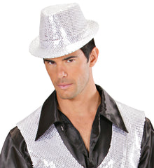 Chapeau Borsalino Sequins Disco Argent / Chapeau Popstar Sequins Argent / La Maison Du Déguisement