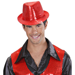Chapeau Borsalino Sequins Disco Rouge / Chapeau Popstar Sequins Rouge / La Maison Du Déguisement
