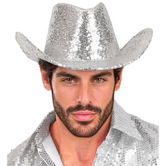 Chapeau Cowboy paillettes Argent / Chapeau Cow boy Sequins Argent / La Maison du Déguisement