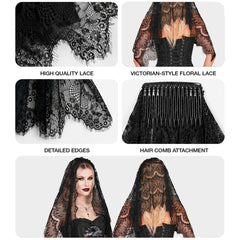 Voile de Mariée Gothique Dentelle Élégant Noir / Serre Tête Voile De Mariée Halloween Sombre Noir / La Maison Du Déguisement