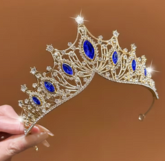Diadème Royal Lady Métal Doré et Bleu / Bandeau Couronne Alliage Or et Bleu Royal Luxe / Couronne De Reine Métal Doré et Bleu / La Maison Du Déguisement