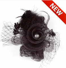 Coiffe Bibi Flowers en plumes Dentelle Noir / Broche fleurie avec Perle / Décoration Fleur avec perles Noir / La Maison Du Déguisement