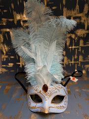 Loup Vénitien Bleu et Or à plumes / Masque venise Bleu et Doré à plumes / La maison Du Déguisement