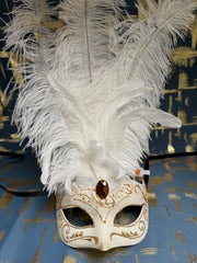 Loup Vénitien Blanc et Or à plumes / Masque venise Blanc et Doré à plumes / La maison Du Déguisement