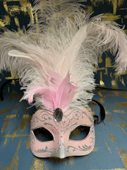 Loup Vénitien Rose et Argent à plumes / Masque venise Rose et Argent à plumes / La maison Du Déguisement