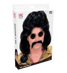 Perruque Disco Année 70s Noir avec moustache / Perruque Disco Année 80s Noir avec moustache / La Maison Du Déguisement