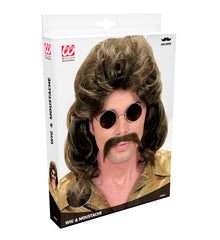 Perruque Disco Année 70s Brune avec moustache / Perruque Disco Année 80s châtain avec moustache / La Maison Du Déguisement