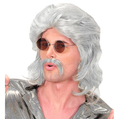 Perruque Disco Année 70s Gris avec moustache / Perruque Disco Année 80s Gris avec moustache / La Maison Du Déguisement