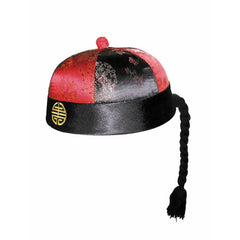 Chapeau Chinois Satiné Rouge Et Noir Avec Tresse / Bonnet Chinois Mandarin Satiné Rouge Et Noir Avec Tresse / La Maison Du Déguisement
