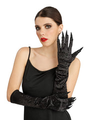 Gants Diablesse Diamants Noir Avec Griffe / Gants Gothique Halloween Diamonds Avec Ongles Noirs / Gants Catwoman Noir Luxe / La Maison Du Déguisement