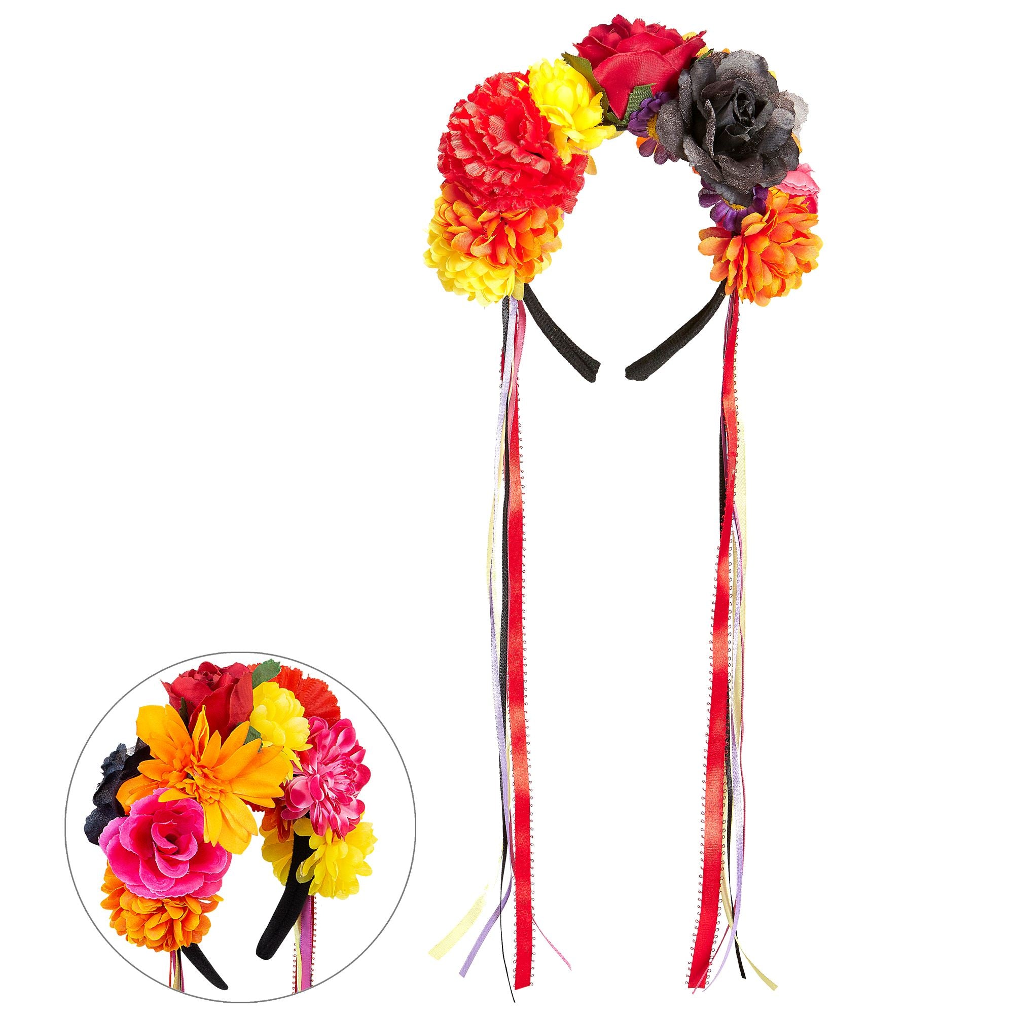 Déguisement Jour Des Morts Femme - Serre-Tête Fleur Noire, Tatouages Crâne Sucre, Gants Dentelle & Accessoires Halloween Mexicain Complet